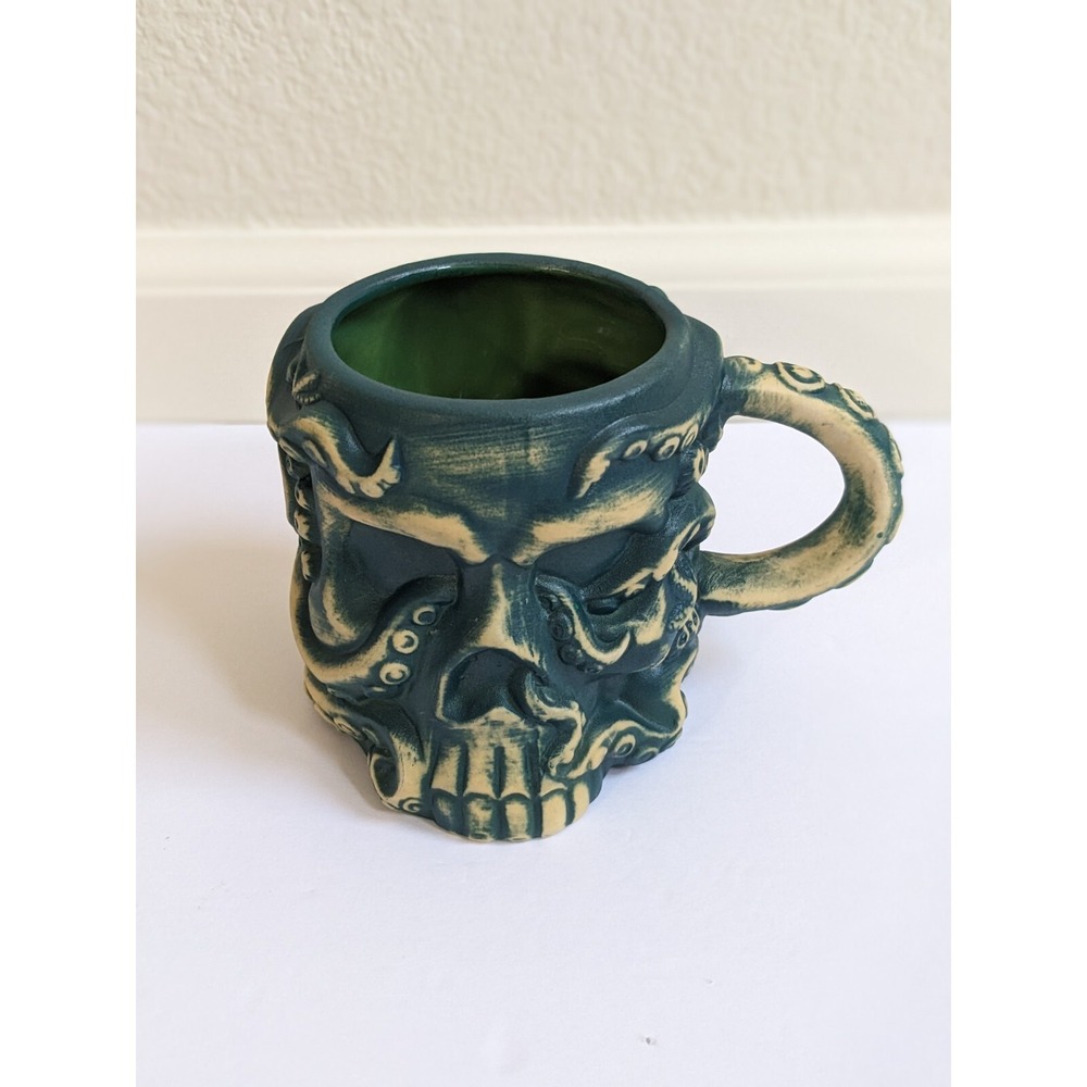 Mora Pagan Idol Handmade Hawaiian Octopus Tiki Skull Mug Matte Green Finish - Picture 2 of 10